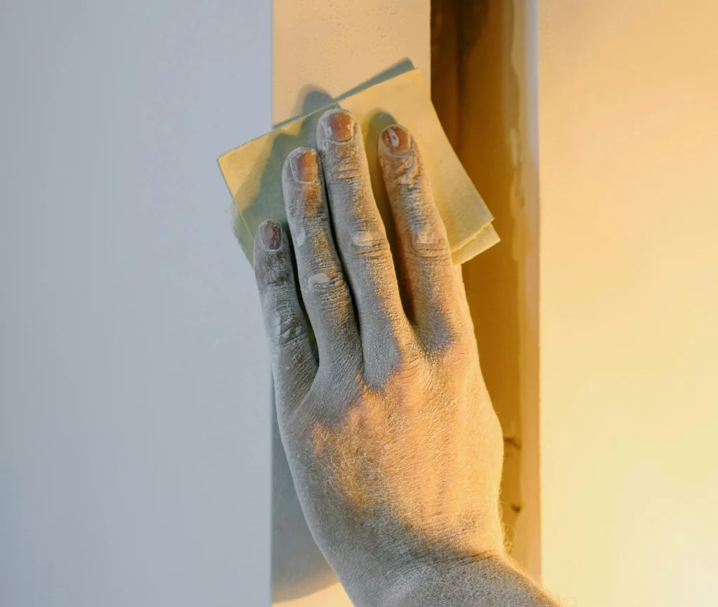 Person sanding the wall in preparation for interior painting.