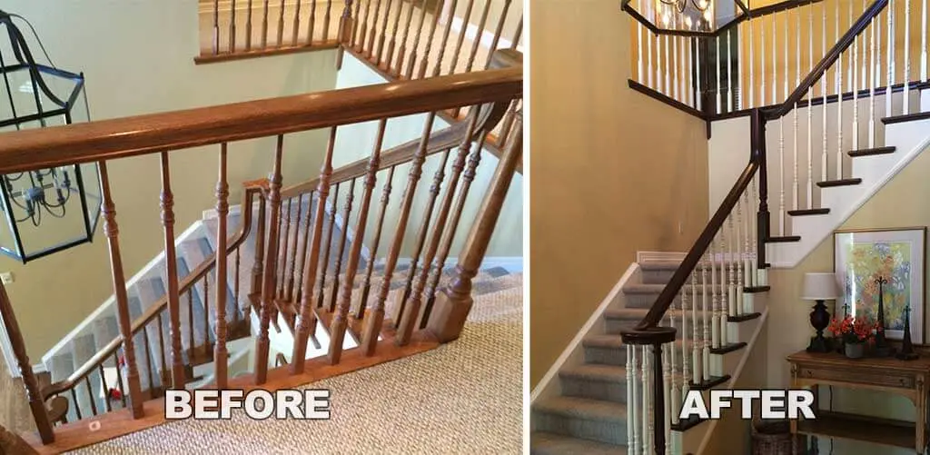 Before and After photos of a refinished staircase