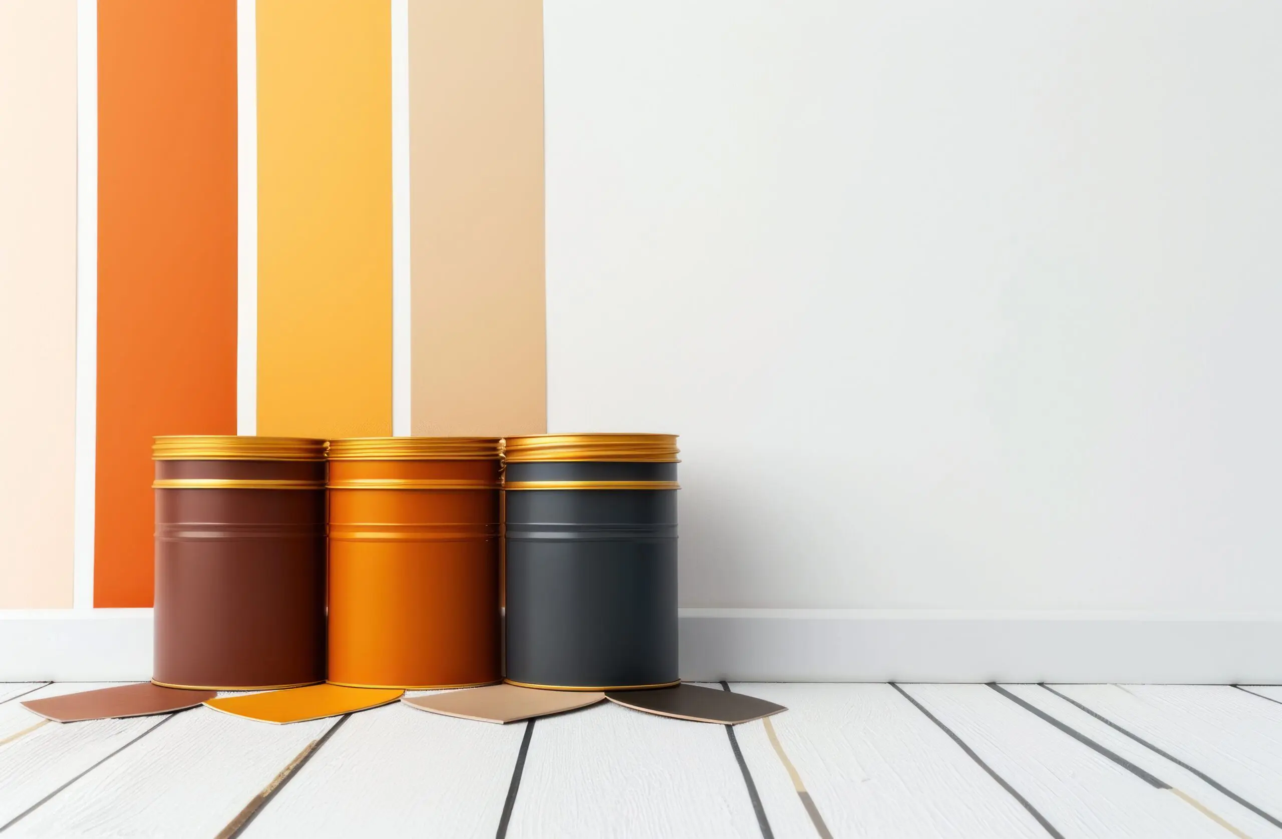 Orange, yellow and beige paint samples against a white wall with paint cans on a white floor.